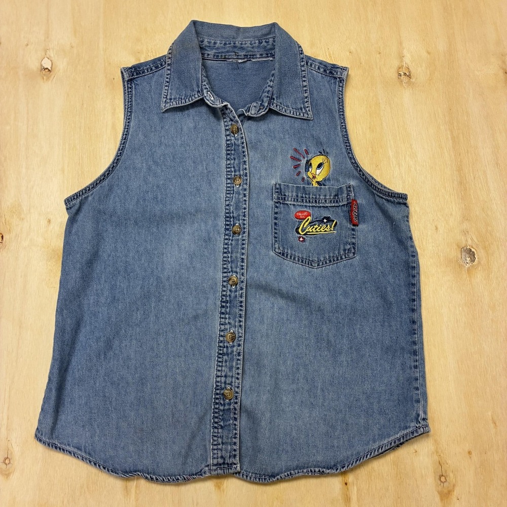 Tweety Shirt Womens M Blue Denim Sleeveless Button Up Cartoon Top Looney Tunes